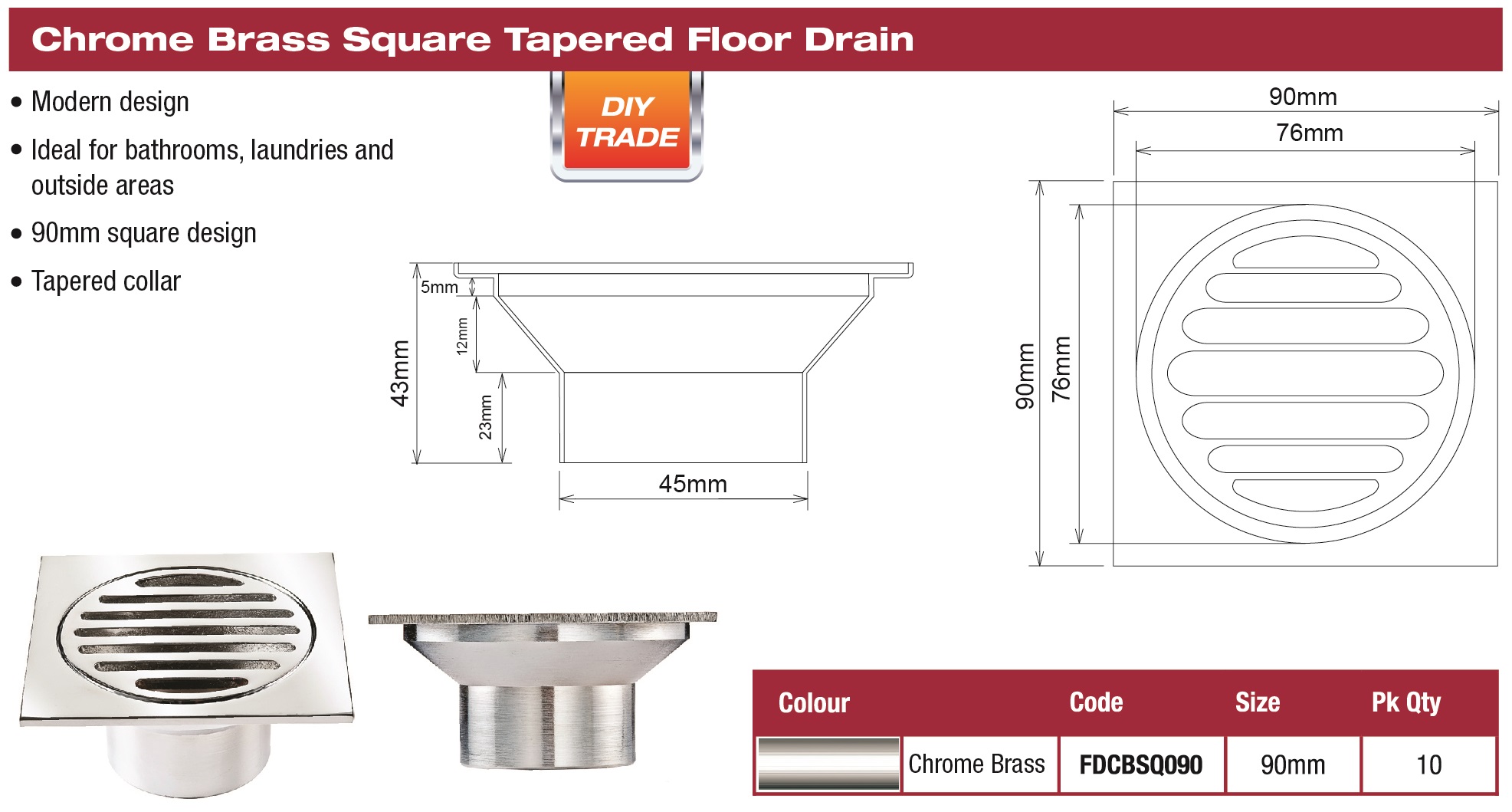 DTA Australia FLOOR DRAIN SQUARE 90MM TAPERED CHROME PLATED BRASS