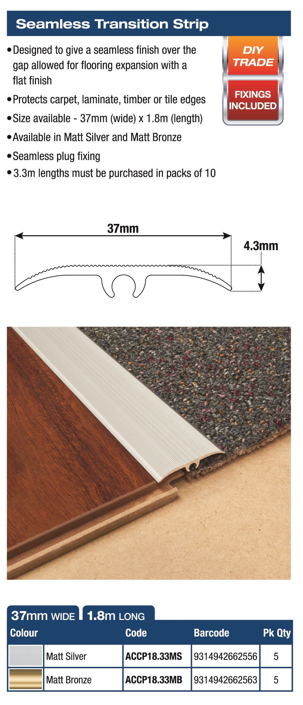 DTA Australia TRANSITION JOINT COVER STRIP 37MM x 1.8M M/BRONZE C/W PLUGS